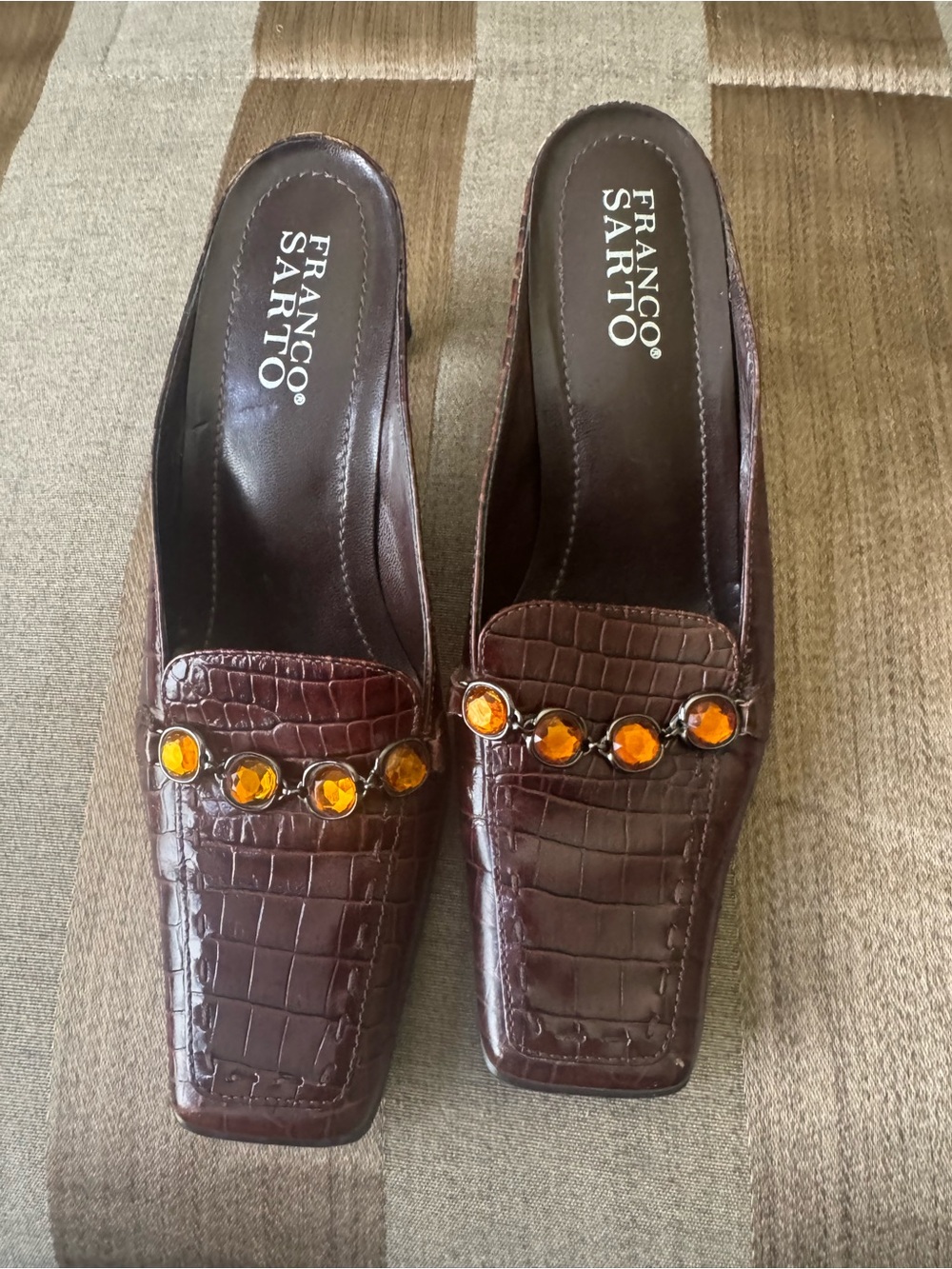 Franco Sarto Brown Croc-Embossed Mules with Amber Gem Accents